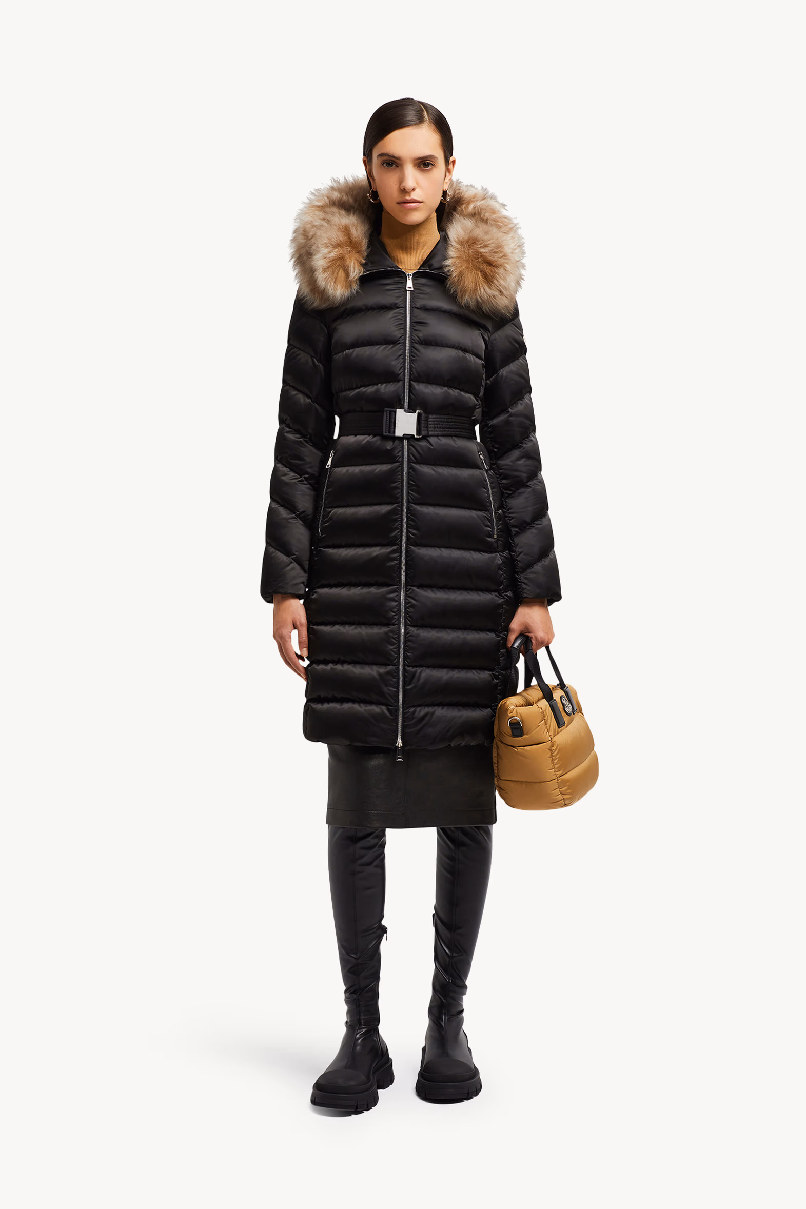 Leersie Hooded Shearling-Trimmed Long Down Jacket Women Black & Beige Moncler 0